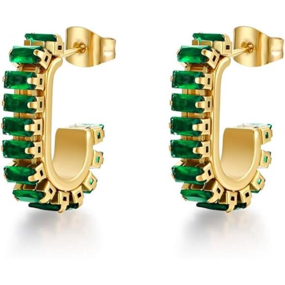 Gold hoop earrings green crystal huggie cubic zirconia dainty jewelry gift - Picture 7 of 7